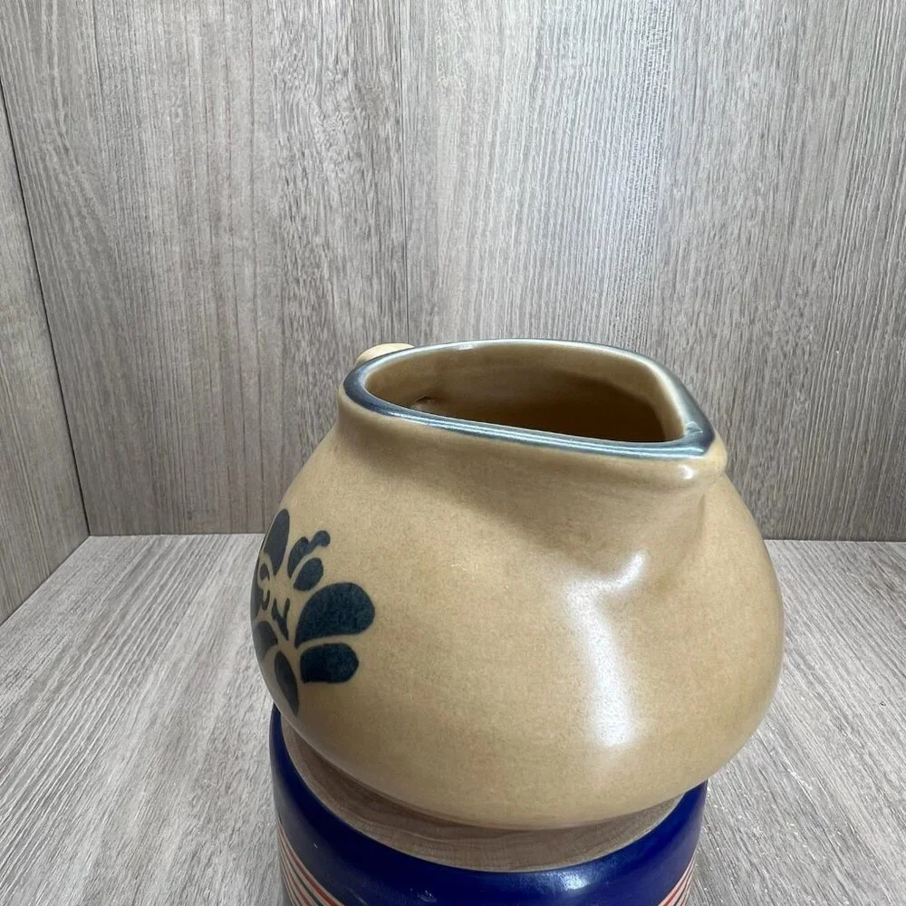 Vtg Pfaltzgraff Folk Art Sugar Bowl Creamer Set of 3 Stoneware Floral Blue Tan - Picture 9 of 16